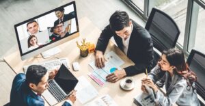 Video call group business people meeting on virtual workplace or